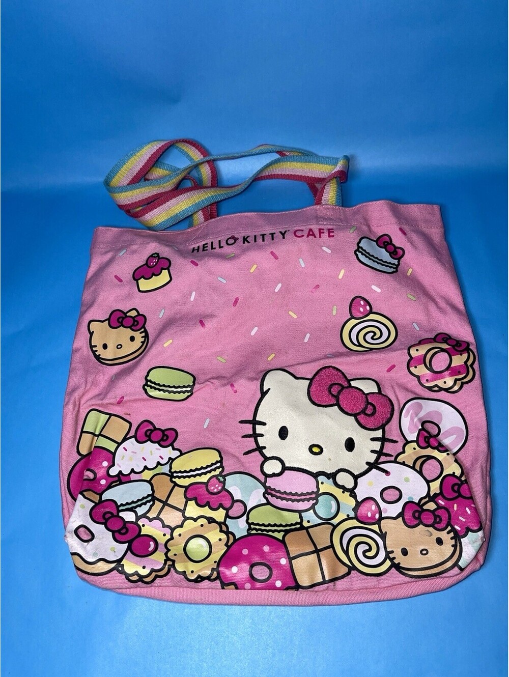 Hello Kitty Cafe Pink Tote Bag Desserts Macarons Donuts Rainbow Strap Sanrio
